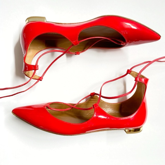 AQUAZZURA CHRISTY RED PATENT LEATHER ANKLE LACE UP POINTY TOE BALLET FLATS - Picture 4 of 13